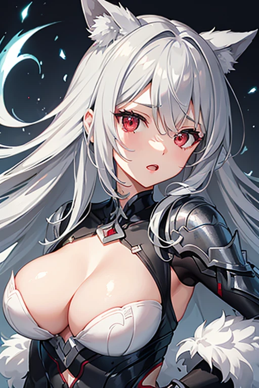 High resolution, detail, 高いdetail, Shortcuts, Gray Hair, Grey Hair, Silver Hair, Exposed breasts、Open your mouth, Red eyes, Multiview, accessories, Illustration, Anime Style, girl、Whole body、