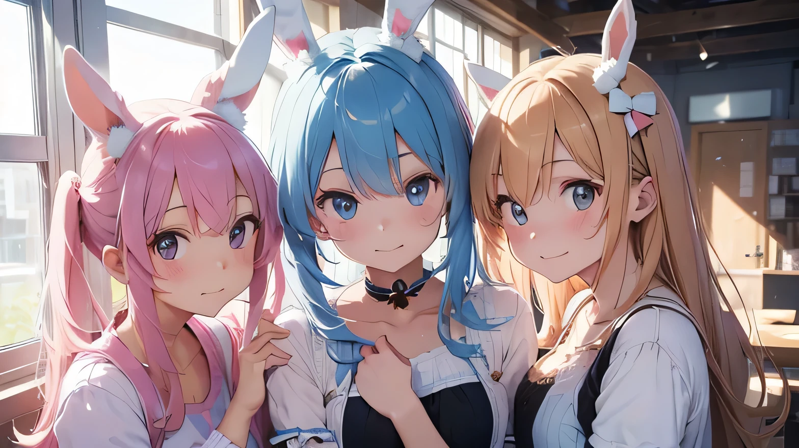 Highest quality, pretty girl, pastel colour, Fluffy bunny ears, 4group of people