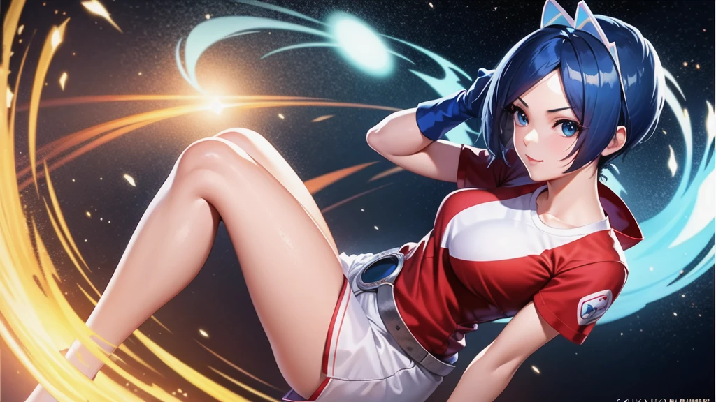 (at night), alone, in a video game scene a background of a beautiful city during the day raining, standing at attention, semi-short blue hair, blouse with an anime frog face, white flared pants, wears blue exercise gloves, has round goggles on her head, WEARS a RED scarf around her neck, huge belt with a round shawl, ((blue hair)), 1 girl, alone, 20 years old, young woman, perfect hands, beautiful fingers, beautiful long legs, beautiful body , beautiful nose, beautiful character design, perfect face, looking at the viewer with serious gesture (focusing on his face), closed mouth, Light_Smile, official art, extremely detailed CG unity 8k wallpaper, perfect lighting, bright and colorful front lighting , shiny skin (masterpiece: 1.0), (best_quality: 1.0), ultra-high resolution, 4K, ultra-detailed photography, 8K, HDR, high resolution, nonsense:1.2, Kodak portra 400, film grain, blurred background, bokeh: 1.2, lens flare, (vibrant_color:1.2), professional photography, (beautiful_face: 1.5), (narrow waist),