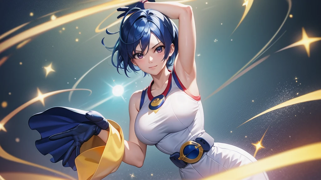 (at night), alone, in a video game scene a background of a beautiful city during the day raining, standing at attention, semi-short blue hair, blouse with an anime frog face, white flared pants, wears blue exercise gloves, has round goggles on her head, WEARS a RED scarf around her neck, huge belt with a round shawl, ((blue hair)), 1 girl, alone, 20 years old, young woman, perfect hands, beautiful fingers, beautiful long legs, beautiful body , beautiful nose, beautiful character design, perfect face, looking at the viewer with serious gesture (focusing on his face), closed mouth, Light_Smile, official art, extremely detailed CG unity 8k wallpaper, perfect lighting, bright and colorful front lighting , shiny skin (masterpiece: 1.0), (best_quality: 1.0), ultra-high resolution, 4K, ultra-detailed photography, 8K, HDR, high resolution, nonsense:1.2, Kodak portra 400, film grain, blurred background, bokeh: 1.2, lens flare, (vibrant_color:1.2), professional photography, (beautiful_face: 1.5), (narrow waist),
