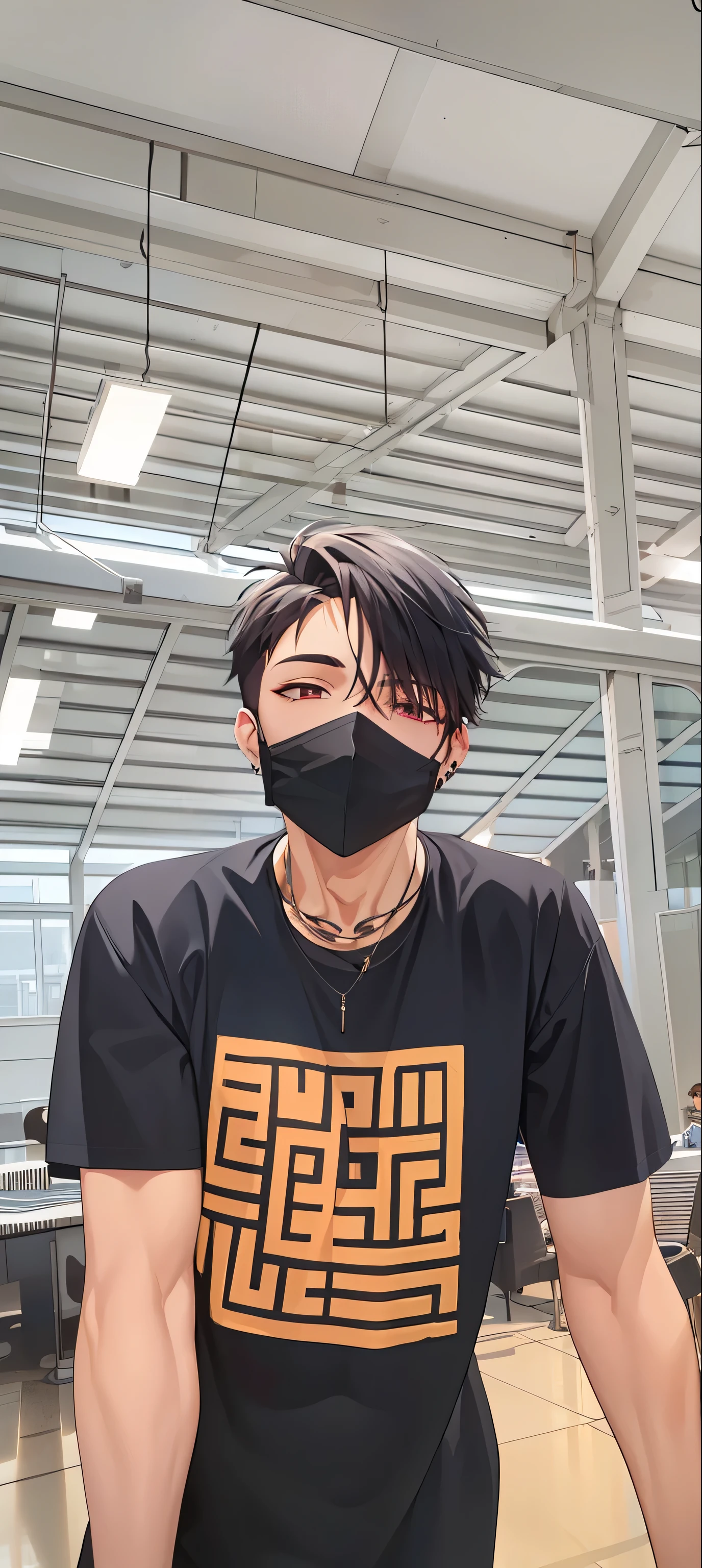 masterpiece, best quality, high quality, 1boy, solo, male focus, upper body, looking at viewer, jewelry, shirt, muscle, black mask, undercut, body builder