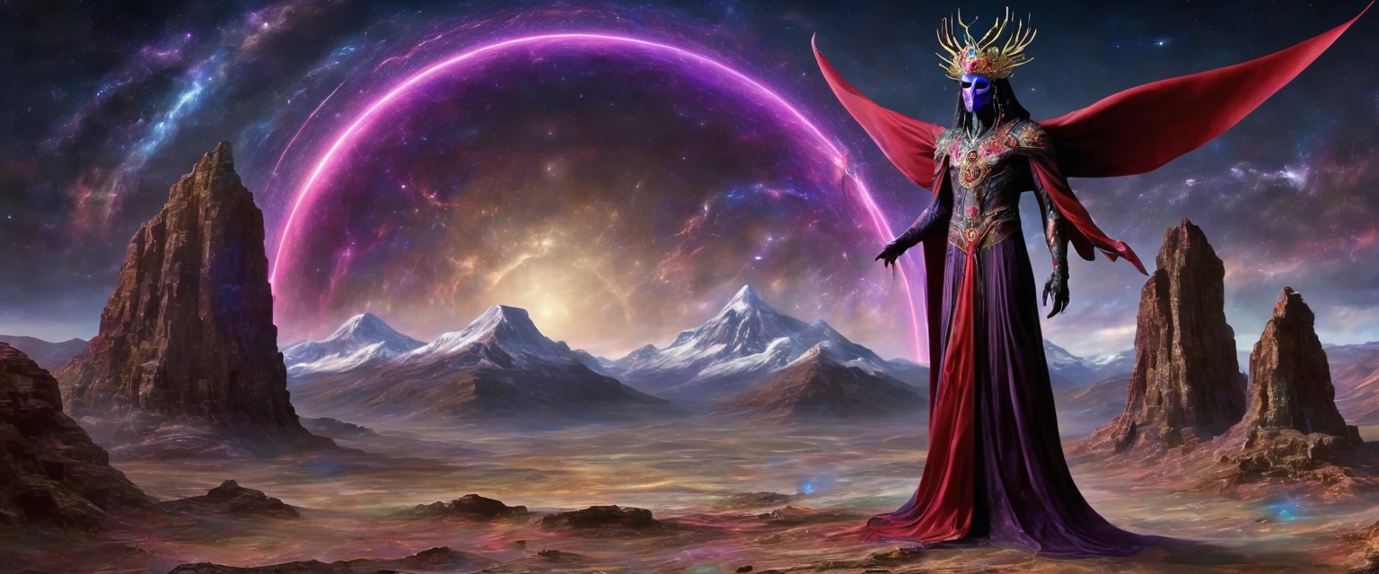 Deity, ancient being, tall, horns forming a crown, extraterrestrial, humanoid body, omnipotent, semi-naked, long violet-black and red cloaks that partially cover the body, unnatural skull for a head, fissures for eyes, bare head, the universe in its hands,very thin,almost in the bones, full body,the cosmos in hand.