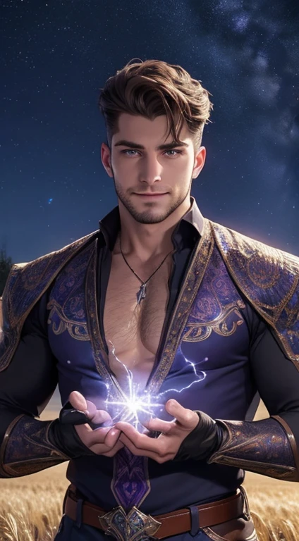 Disney style, (masterpiece), HD, 8K, detailed face, expressive eyes, perfect face, high quality, 1man, looks like Manuel Kornisiuk, fractal gauntlets, electriciy eyes, detailed crotch bulge, exposed chest, body hair, hairy chest, wizard casting a spell and purple electricity body, detailed background, depth of field, night, detailed cosmic sky, wheat field, outdoors, manuelkornisiuk person, smiling,
 