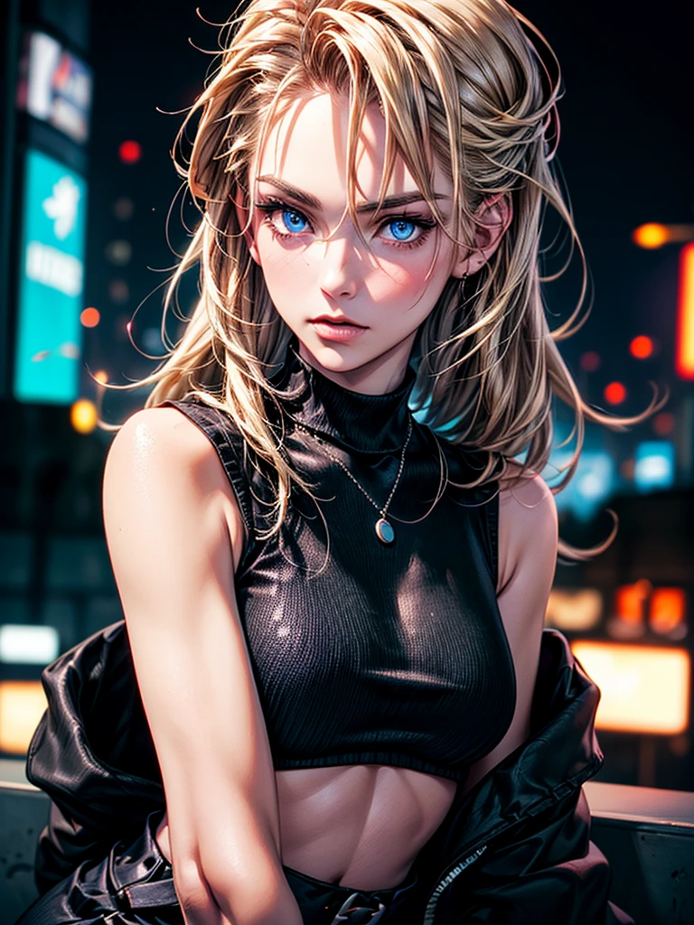 masterpiece, highest quality, (solo focus), (perfect face:1.1), (high detail:1.1), 1girl, DimitriPre, Paine, blonde hair, ((long hair)), blue eyes, ((Black sleeveless high neck knit sweater dress)), bellybutton visible through clothes, detailed background, loft, neon cityscape, cyberpunk, cinematic lighting
