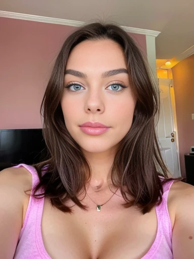 Jolie belle brune en blusa fucsia un autophoto (fuchsia has) (in a hotel), autophoto, low cut, Very detailed, huge breasts, s, innocent face, short and naturally straight hair, blue eyes, High resolution, boss'Works by'until, Best Quality, intricate details, Very detailed, sharp focus, detailed skin, texture de peau realist, texture, detailed eyes, professional, 4k, lovely smile, taken with Canon, 85mm, Slight depth of field, Kodak Vision Color, perfectly fitted body, extremely detailed, Photography_\(ultra\), photographiquerealist, realist, Post treatment, maximum details, roughness, real life, ultrarealist, photorealism, Photography, 8k uh, Photography