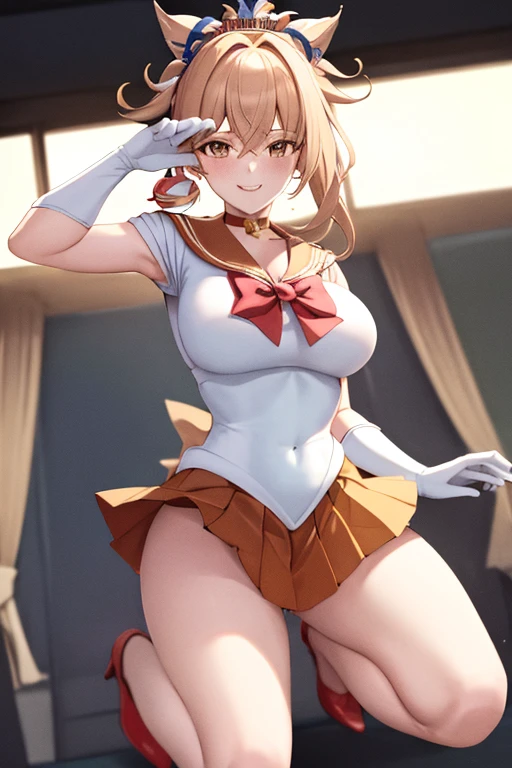 masterpiece、High resolution、high resolution、4K、8k、(((Spread your legs、Big Breasts)))、((Shiny underwear)))、Sara Warrior Uniform、Beautiful beauty、Golden Hair、((whole body))、(((Photo taken from below)))、School、classroom、Large Breasts、Big Breastini skirt、The color of the pants is black、Japanese、tall、Long limbs、18-year-old、Minako Aino、A beautiful nose like a model、Put your hands on your hips、Natural smile、Sexy pose、Hairstyle: Long hair、Beautiful belly button、Red ribbon on head