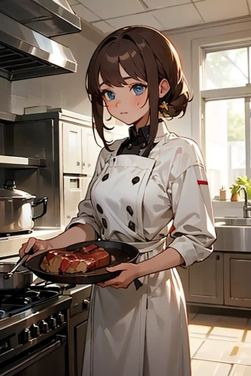 ((Best Quality)), ((masterpiece)), (detailed), 1 girl , beautiful, blue eyes, Brown hair, chef , in a professional kitchen, serving a steak