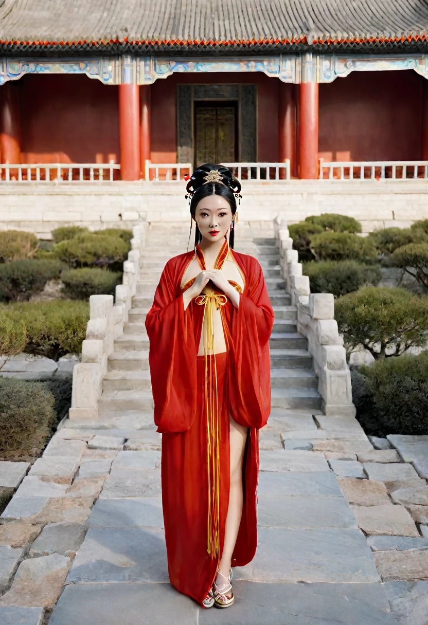 A naked Qing dynasty empress with her hands open, wearing a red loincloth, seen from the front. She is on the stone paving outside the Chinese palace during the Qing dynasty. Her Qing dynasty hair is tied with both ends, and she wears a gorgeous Chinese empress&#39;s crown and a hair ornament. Her hair is tied up and pulled up.、