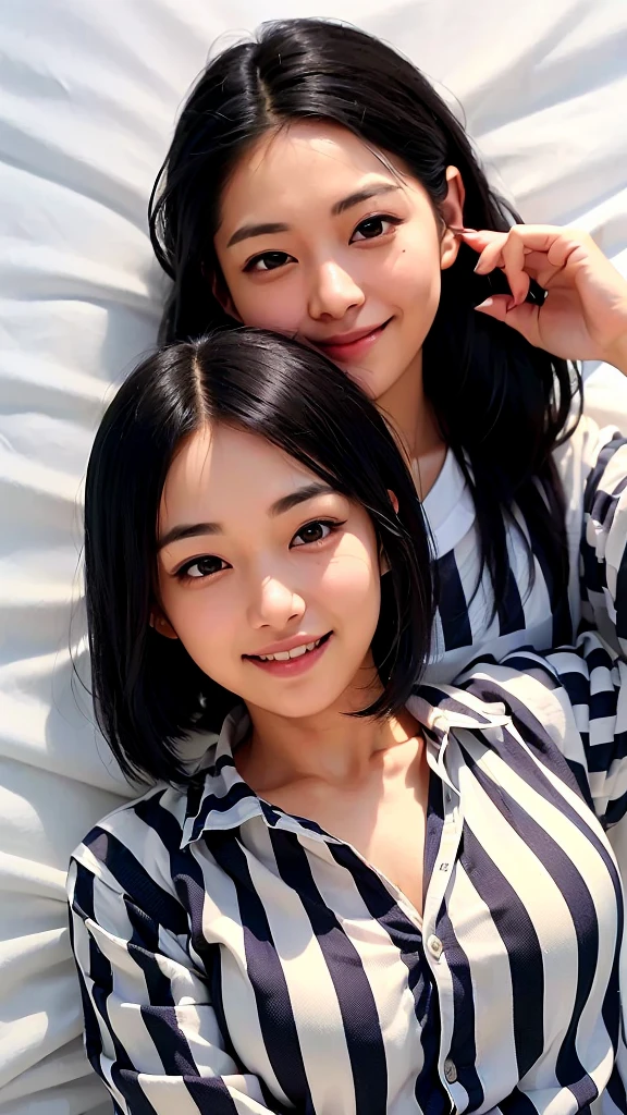 (1 woman:1.99)、(Wide forehead、Very short hair、Very small amount of hair、Forehead、Fuji frame:1.1)、Sunburn、17 years old、Naughty、Happy expression、満面のsmile、Weakness、love、I feel very comfortable alone、(She's smiling as she talks、Striped shirt、sheet: 1.5),((Very sleepy、Improves skin texture,smile、Narrow eyes、Very weak eyesight、Very weak eyeliner、Eyes slightly closed、I know the shape of your head、Oval Face))、(slicked back hair:1.25)、(16K、Photographic, Raw photo, Mastepiece, Highly detailed photos, Digital SLR, Best Quality、Photorealistic:1.4), Super hello nothing, (Both eyes open、tilting your head:1.3)、(whole body:1.7)