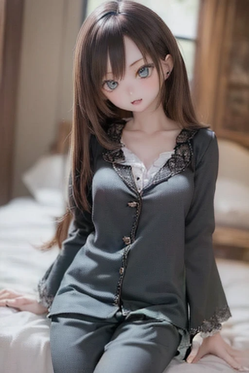 kukolnydom, doll, (mature woman, 21yo, 21 years old, solo:1.6), ((cowboy shot, sitting on bed, head tilt, slim, slender, skinny, medium breasts, pajamas, bedroom))