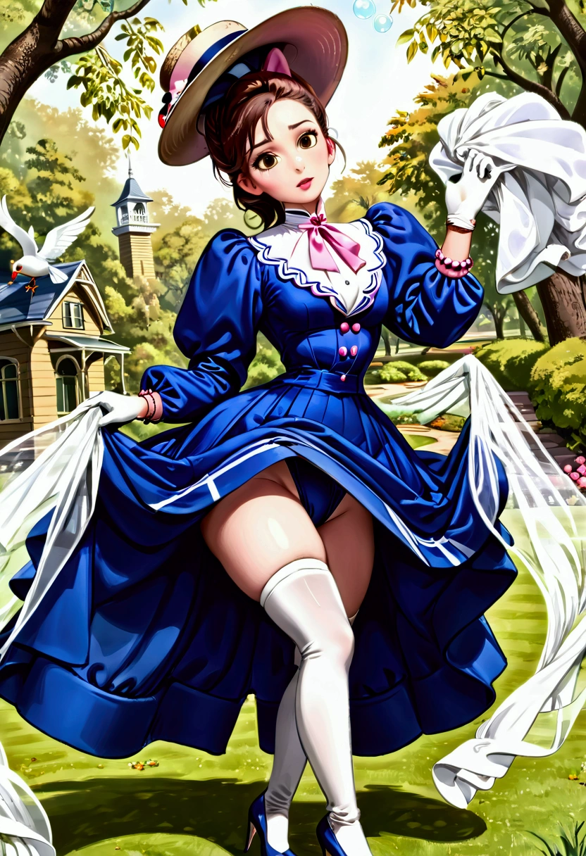 Year 1898. Humanized Minnie Mouse as a pretty, flirty tween girl. 1890s fashion. Victorian high-collar navy blue dress with (((long puff sleeves cuffed into wrist-high white silk gloves. )))Powder blue sash cinched around her waist. Navy blue ankle-length skirt. (((Pink straw boater hat with a stuffed white bird held on top and a veil in the front))). Long brunette hair (((tied into a bun enclosed in a net))). Wasp waist. (((Bubble butt sticking out))). Petticoats. Thigh-high silk stockings. High-waisted open bloomers. (((White high-heel button boots:1.2))). 1890s fashion. Victorian park setting