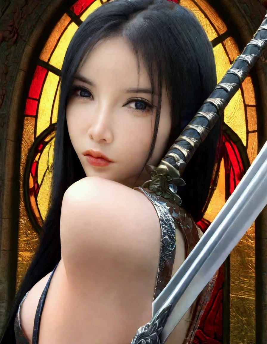 a beautiful young asian woman, 26 years old, wearing a sexy asian dress, holding a large sword, with large expressive eyes and long flowing hair, in a sexy pose in front of a stained glass window, (best quality,4k,8k,highres,masterpiece:1.2),ultra-detailed,(realistic,photorealistic,photo-realistic:1.37),extremely detailed eyes and face,longeyelashes,portrait,highdetailed,cinematic lighting,vivid colors,fantasy,intricate details
