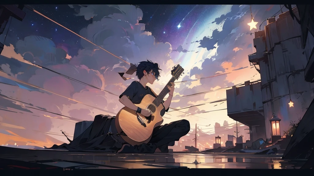 masterpiece,night,(dark alley),star、Night Sky、milky way、octone、
(1 Male), (solo), Knee hugging sitting,acousticguitar