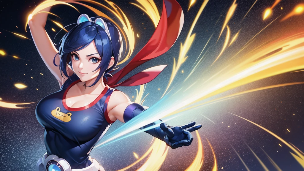 (at night), alone, in a video game scene a background of a beautiful city during the day raining, standing at attention, semi-short blue hair, blouse with an anime frog face, white flared pants, wears blue exercise gloves, has round goggles on her head, WEARS a RED scarf around her neck, huge belt with a round shawl, ((blue hair)), 1 girl, alone, 20 years old, young woman, perfect hands, beautiful fingers, beautiful long legs, beautiful body , beautiful nose, beautiful character design, perfect face, looking at the viewer with serious gesture (focusing on his face), closed mouth, Light_Smile, official art, extremely detailed CG unity 8k wallpaper, perfect lighting, bright and colorful front lighting , shiny skin (masterpiece: 1.0), (best_quality: 1.0), ultra-high resolution, 4K, ultra-detailed photography, 8K, HDR, high resolution, nonsense:1.2, Kodak portra 400, film grain, blurred background, bokeh: 1.2, lens flare, (vibrant_color:1.2), professional photography, (beautiful_face: 1.5), (narrow waist),