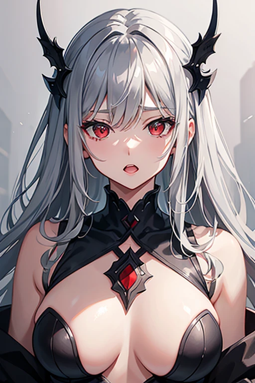 High resolution, detail, 高いdetail, Shortcuts, Gray Hair, Grey Hair, Silver Hair, Exposed breasts、Open your mouth, Red eyes, accessories, Illustration, Anime Style, girl、Body、