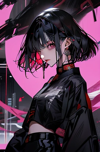 Hotaru Tomoe with black hair and violet eyes, wearing a dark black and pink kimono-jacket, exposed midriff, cyberpunk city in the background.