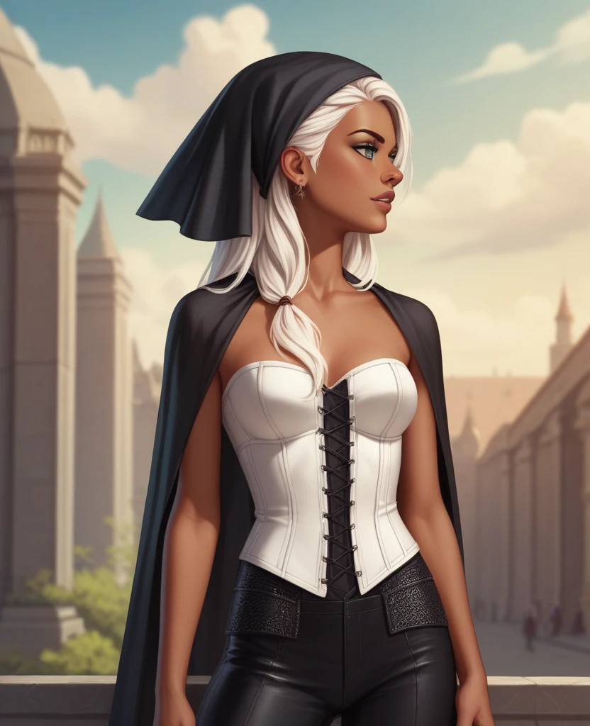 ((best quality)), ((masterpiece)), (detailed), 1girl, mixed race girl, African American + Caucasian girl with lighter skin, young woman, pretty, skinny, white hair, modern western attire, dark cloak, wearing casual clothes underneath cloak, black pants, 2024 style corset top (modern look, no shirt underneath), modest, head scarf, long hair, hair tied in the back