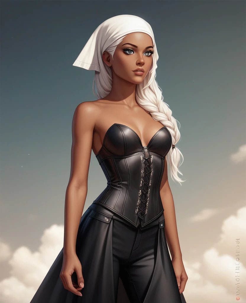 ((best quality)), ((masterpiece)), (detailed), 1girl, mixed race girl, African American + Caucasian girl with lighter skin, young woman, pretty, skinny, white hair, modern western attire, dark cloak, wearing casual clothes underneath cloak, black pants, 2024 style corset top (modern look, no shirt underneath), modest, head scarf, long hair, hair tied in the back