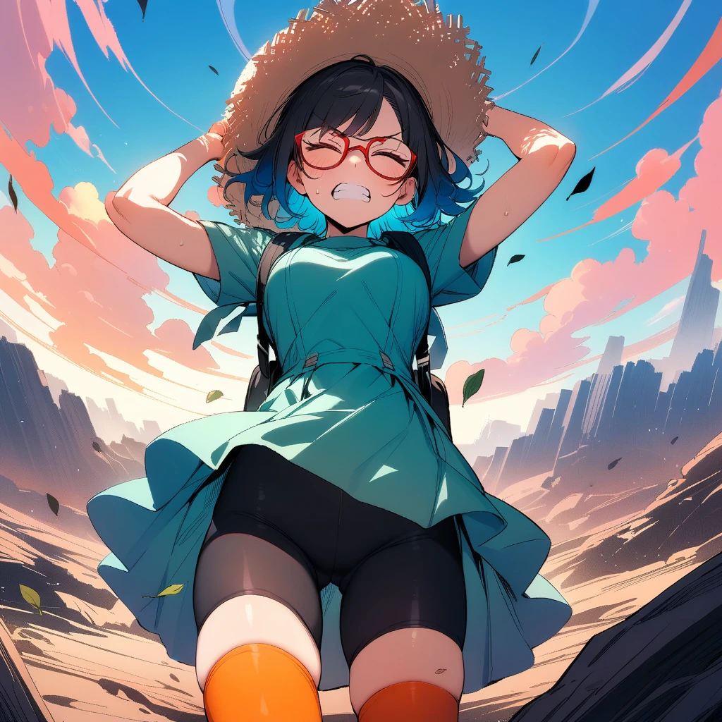 (masterpiece),(best quality),very aesthetic,(ultra-detailed),vibrant colors,high saturation,Collapsed civilization,(on top of the hill),nsfw,1girl,25yo,slender,tall,medium hair,black hair,natural wave hair,flipped hair,closed eyes,><,clenching teeth,v-shaped eyebrows,anger vein,(glasses,straw hat with leaf color ribbon:1.2),carrying a aqua blue rucksack, (thigh-high parka dress with gradient earth color,black bike shorts),short sleeves,Sneaker Shoes,short orange socks,broken wristwatch,a big crater in the wilderness,standing,arms up,wind,summer,comical,cowboy shot