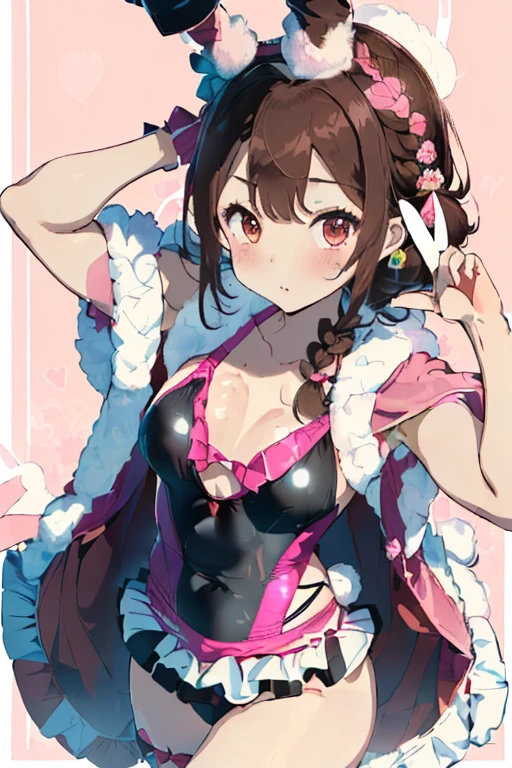 ((Brown Hair)),((Braided Short Hair)),((had black eyes)),微red tint潮,(Open-chested Japanese-style swimsuit:1.5),(Bikini type swimsuit 1.4),(Ruffled skirt:1.25),(fluffy cloak:1.3),(stylish five finger gloves:1.2),(Ruffled ornament:1.25),(Accessories and hair ornaments with flower motifs),(Rabbit ears:1.7),(Active movement:1.25),(Crown on head:1.5),(The color of the swimsuit is pink、red tint、Blanche:1.3),Kamimei,(Face close-up:1.35),(Rabbit pose with hands:1.35),(A cute world full of stuffed animals and toys:1.25),(happy, Fluttering Face),(Jump with one leg raised:1.5),(Bunny ears:1.7),(Princess of the Rabbit Kingdom:1.45),