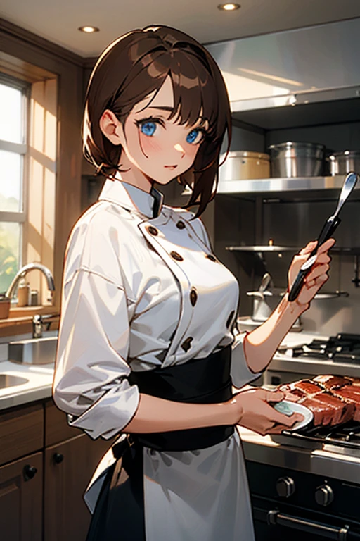((Best Quality)), ((masterpiece)), (detailed), 1 woman , beautiful, blue eyes, Brown hair, chef , in a professional kitchen, serving a steak