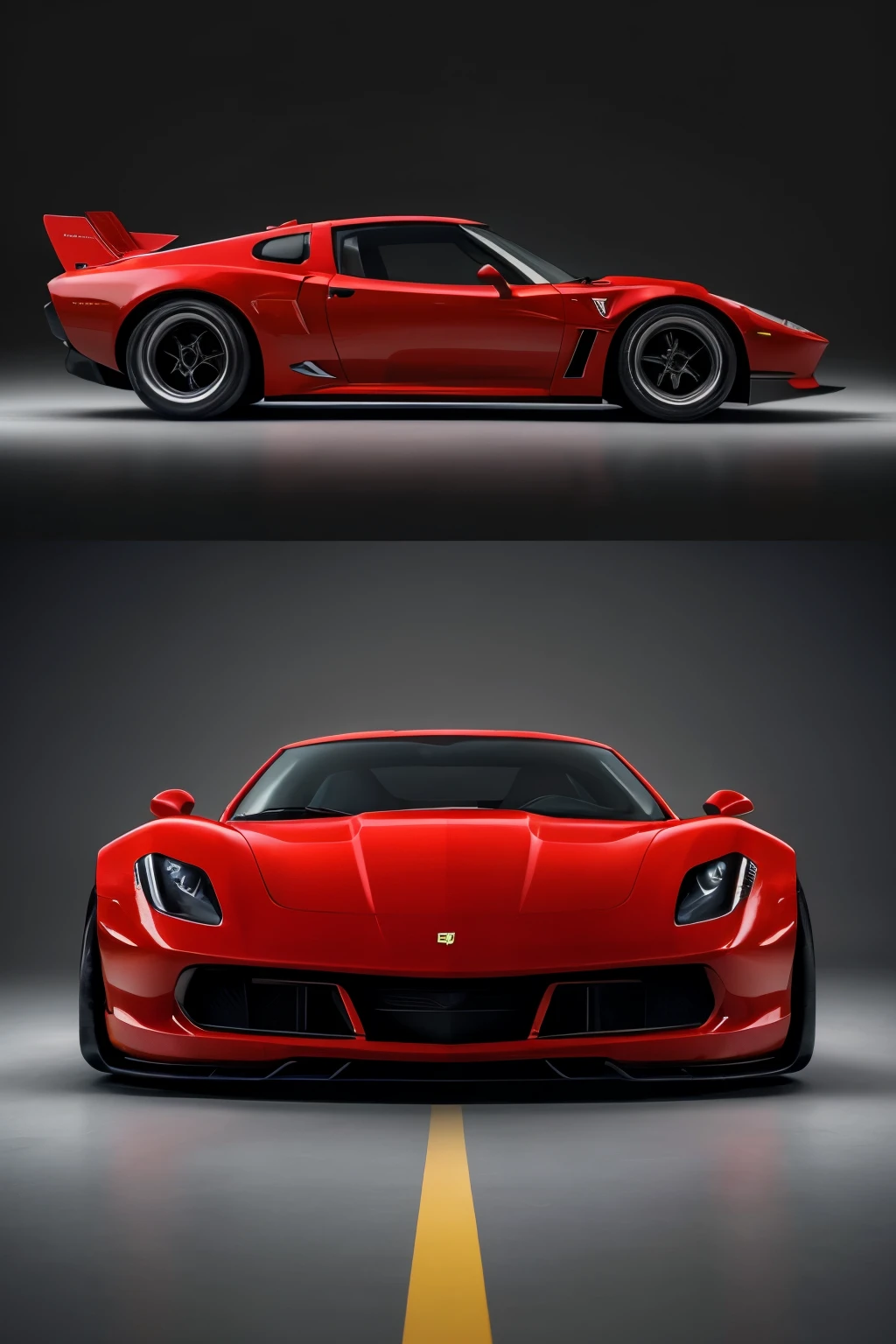 Draw a fusion of Red Corvette and Ferrari F-40 design in three frames:
1. Front view: The fusion of these iconic sports cars is showcased in this frame, with the distinct angular nose of the Ferrari F-40 blended seamlessly with the classic curved hood of the Red Corvette. The fusion is painted in a vibrant red hue, reminiscent of the Corvette, but with a more aggressive edge. The headlights and grille are a harmonious blend of both designs.
2. Side view: From this perspective, the fusion becomes even more apparent. The sleek lines of the F-40's side profile are combined with the