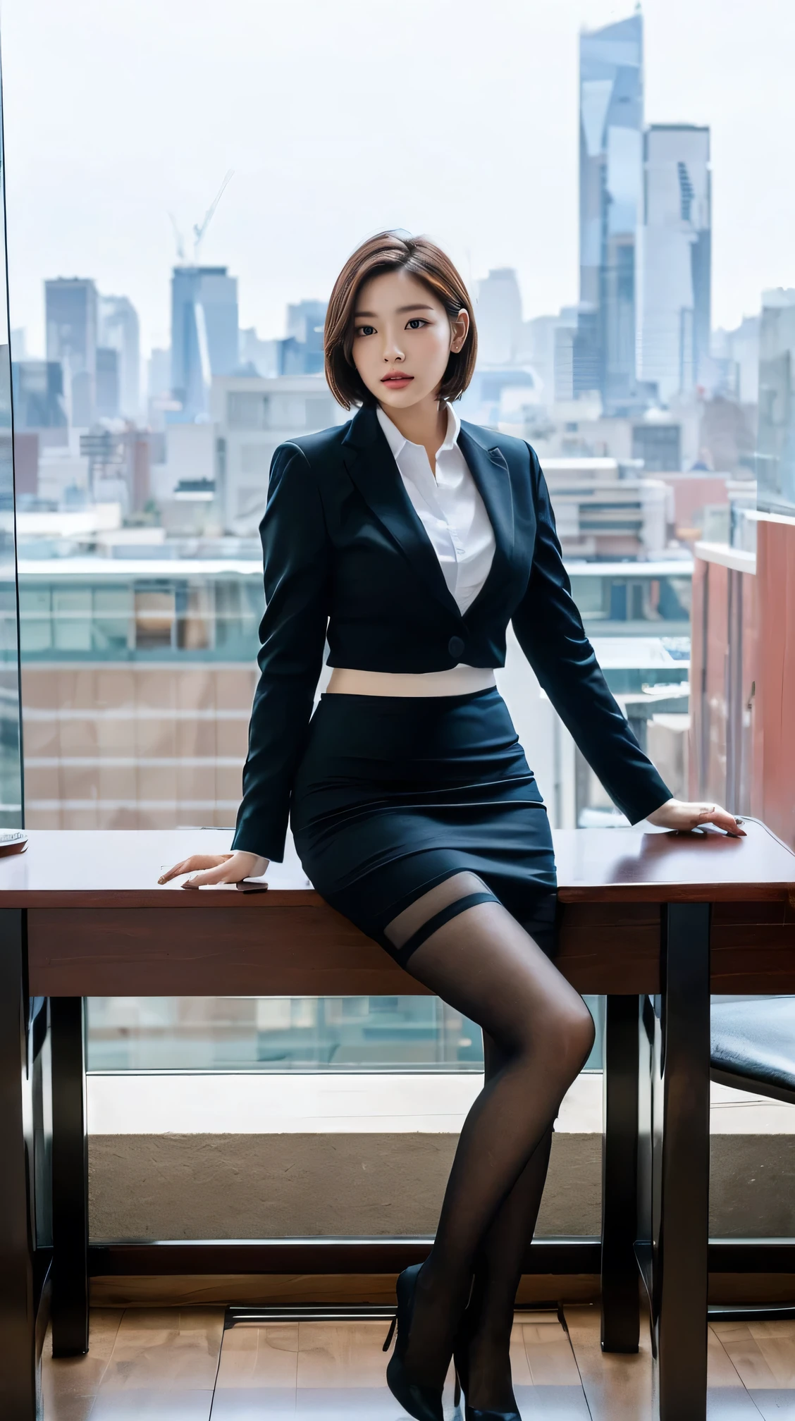 (Tabletop,high quality,16K:1.1),(Depth of written boundary:1.3) ,Full body photo、Short Haircut、,woman, ((suit, Pencil Skirt)), tights, Curvy,(View your viewers:1.3),(Full Body Shot:1.2),(Beautiful morning view of the city:1.2),