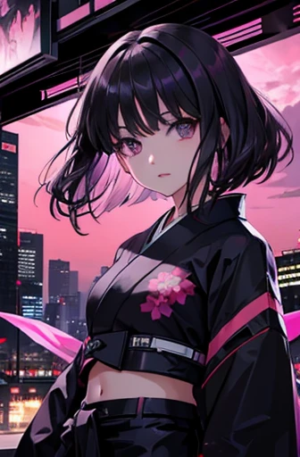 Hotaru Tomoe with black hair and violet eyes, wearing a dark black and pink kimono-jacket, exposed midriff, cyberpunk city in the background.