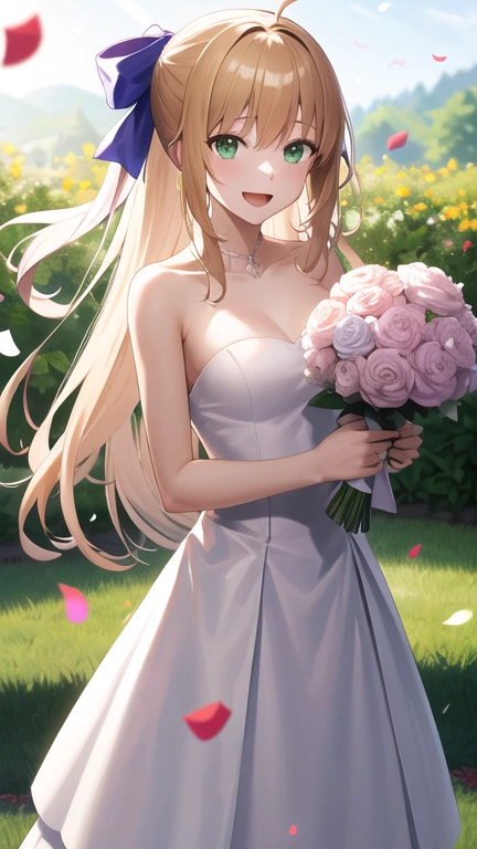 masterpiece, best quality, highres, bbcaster, long hair, ahoge, hair bow, green eyes, wedding dress, white dress, strapless, garden, smile, open mouth, confetti, holding bouquet, standing, cowboy shot,
