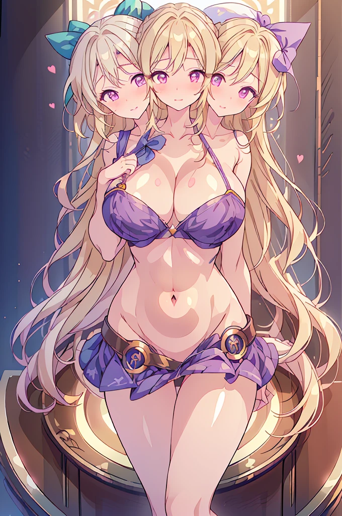 (masterpiece, best quality), best quality, (ultra-detailed), ((3heads:1.5)), 1girl, (watatsuki no toyohime:1.3), masterpiece, best quality, ultra quality, ultra resolution, ultra detail, dark blue top, crop top, ((stomach)), midriff, ((groin)), dark blue skirt, normal ears, shackles, sandy blonde hair, very long hair, wavy hair, sidelocks, purple eyes, parted lips, sweat, smiling, cute, toned belly, hand on own chest, eyelashes, (24 year old woman:1.3), (masterpiece:1.5), (best quality:1.5), (beautiful detailed), extremely detailed CG, extremely delicate and beautiful, depth of field, (finely detailed face), (perfect details:1.2), (mature female:1.3), wide pelvis, slender, large veiny breast, 16k resolution, highres, very high quality, very high definition, extremely detailed, masterpiece, sandy blonde hair, long hair, alluring presence, braid, short skirt, close up, very big tits, huge tits, young, white bonnet, red bow, ((blonde)),