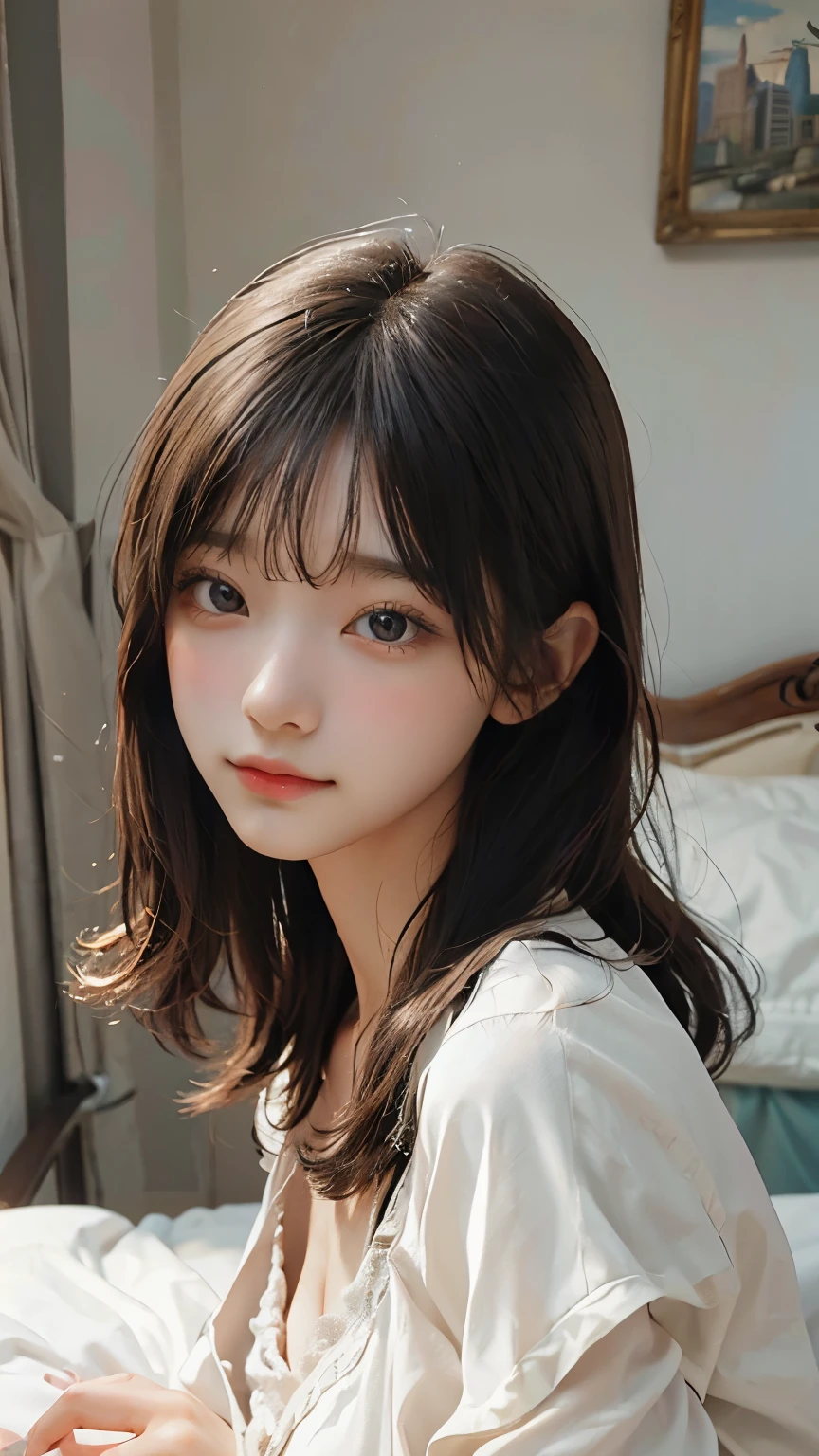 Best quality,Realistic,Masterpiece,detailed,high-resolution,Girl,feminine,flat chest,in my bed,(loving me:1.4)
