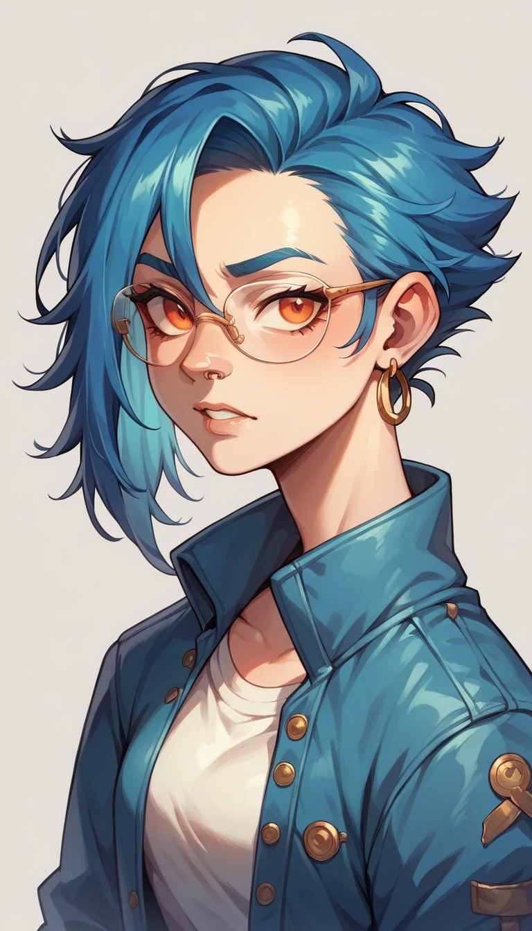 fanart style, makes a woman with bright red and blue hair and bright orange eyes wolf ear with earring and nose ring in the eyebrow and lip a bright blue jacket and glasses with the bottom shining