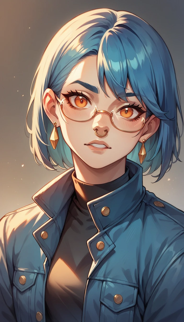 fanart style, makes a woman with bright red and blue hair and bright orange eyes wolf ear with earring and nose ring in the eyebrow and lip a bright blue jacket and glasses with the bottom shining