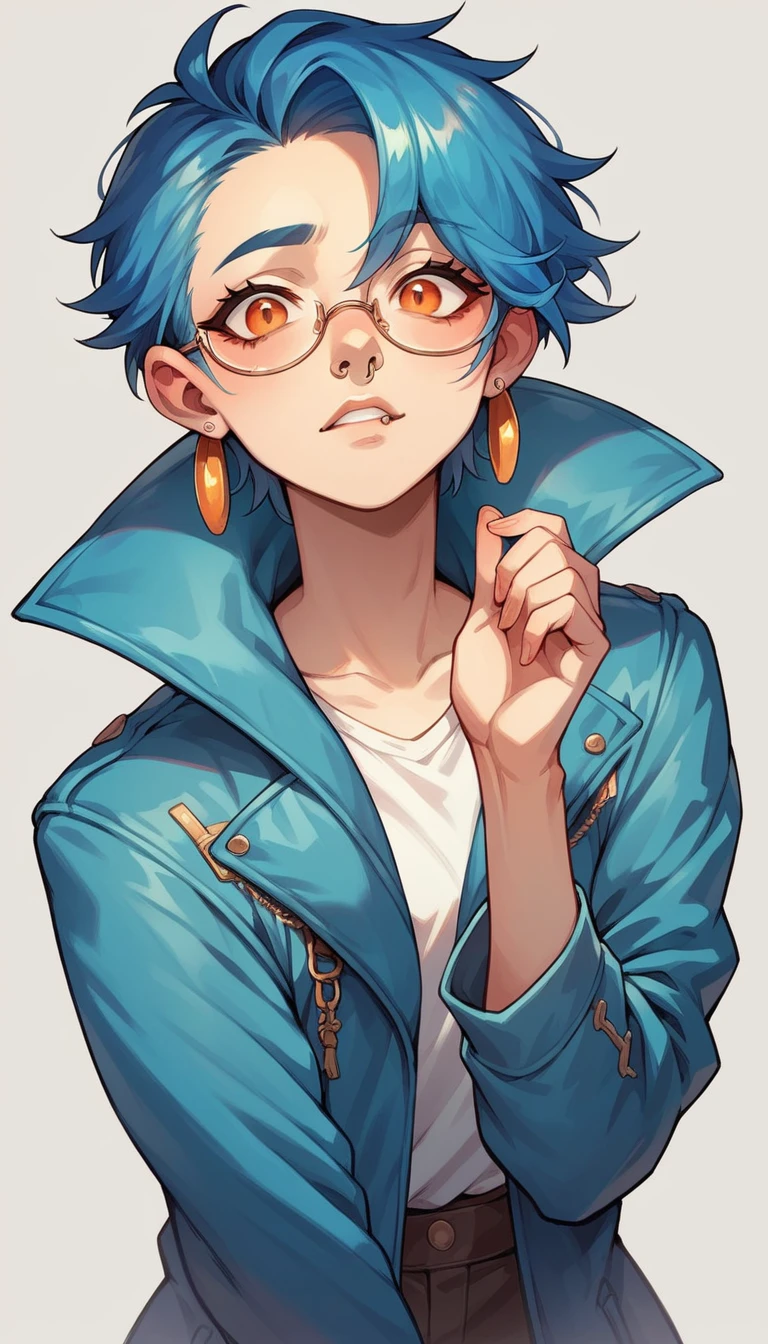 fanart style, makes a woman with bright red and blue hair and bright orange eyes wolf ear with earring and nose ring in the eyebrow and lip a bright blue jacket and glasses with the bottom shining
