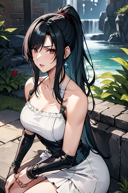 tifa lockhart, MKSKS style, (highly detailed background:1.0), (highly detailed background:1.0), Final Fantasy VII Remake, (red eyes), 1 girl, bare shoulders, aqua dress, black hair, green dress, No sleeve dress , sundress, Home, long hair, night, night null, open your mouth, outdoors, ponytail, sitting, null, No sleeve, No sleeve dress, star (null), starry null, town, old, small breasts, ((white ruffles)), (white dress),