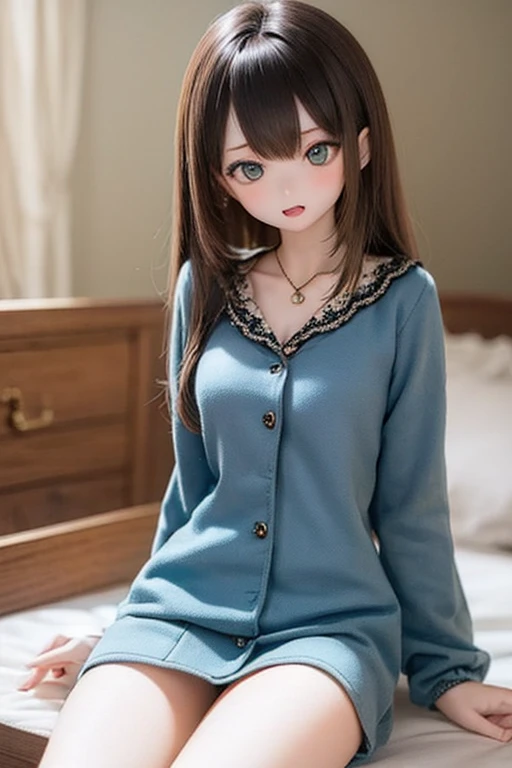 kukolnydom, doll, (mature woman, 21yo, 21 years old, solo:1.6), ((cowboy shot, sitting on bed, head tilt, pajamas, bedroom))