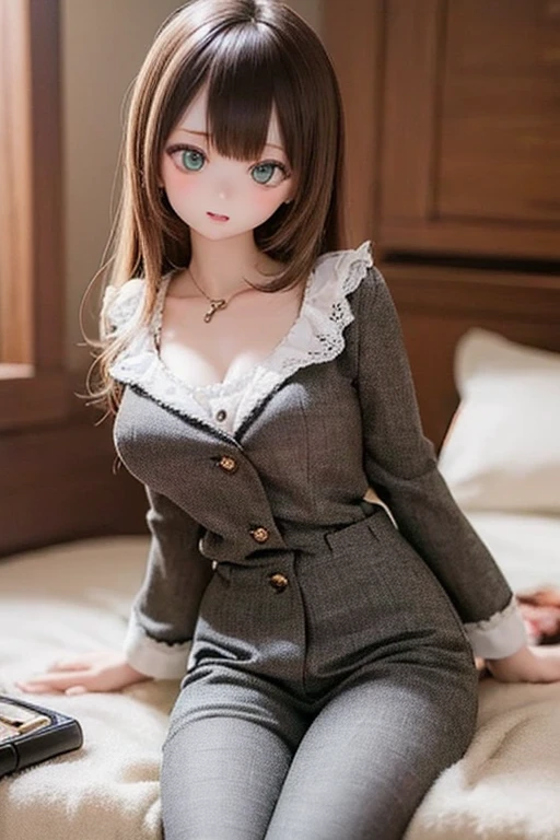 kukolnydom, doll, (mature woman, 21yo, 21 years old, solo:1.6), ((cowboy shot, sitting on bed, head tilt, pajamas, bedroom))