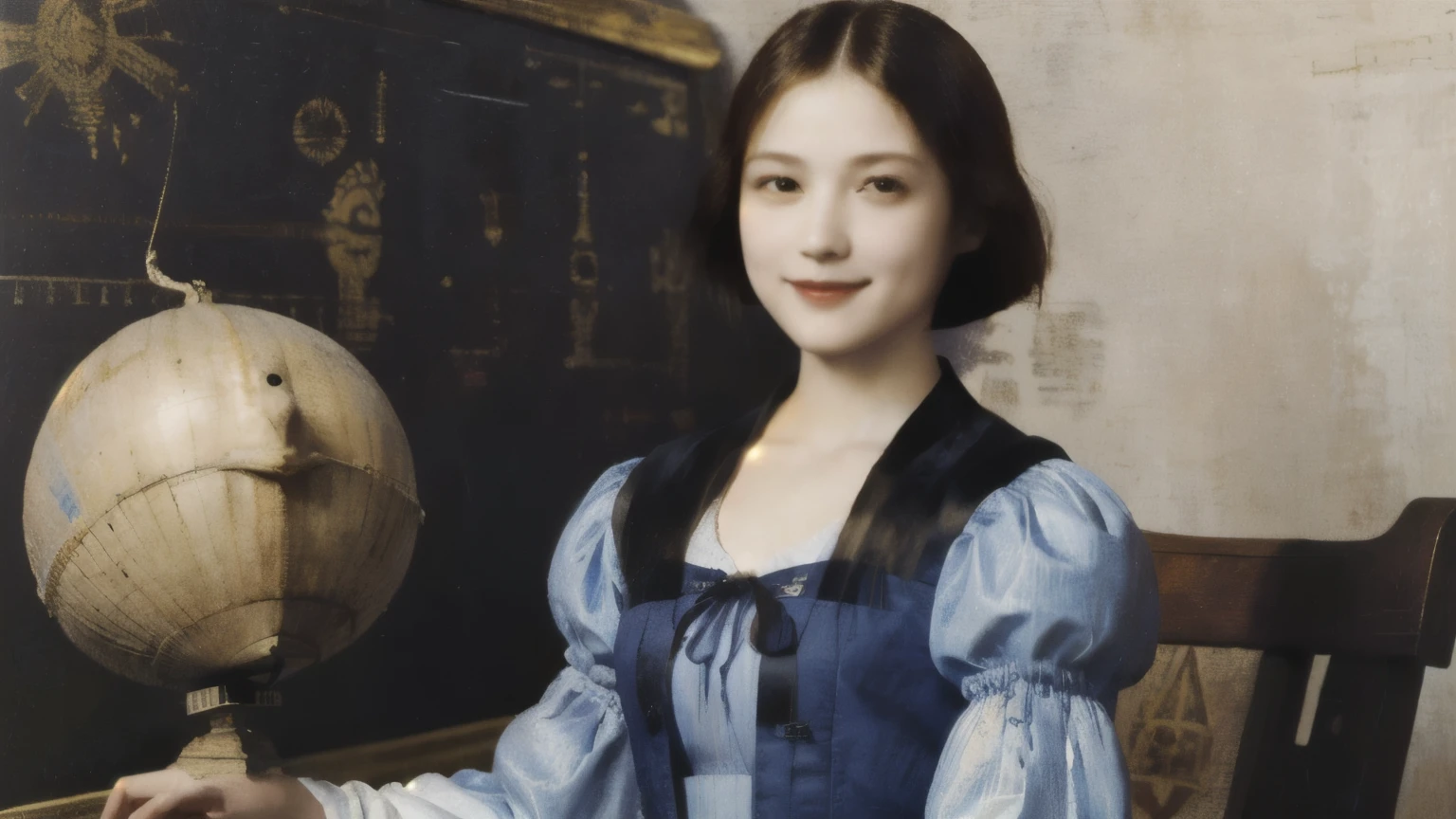 263 20-year-old female,(Short Hair 46),(chest:1.5),Old-fashioned smile,(Paintings by Leonardo da Vinci),(airship,Blueprint)