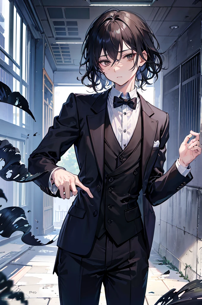 초상화, Face_through_torso, arcanepunk, 1man, Solo, Gentleman, Black short Seaweed Hair, wavy_hair, hair_between_eyes, brown_eyes, scornful_face, nervous butler, Butler's suit