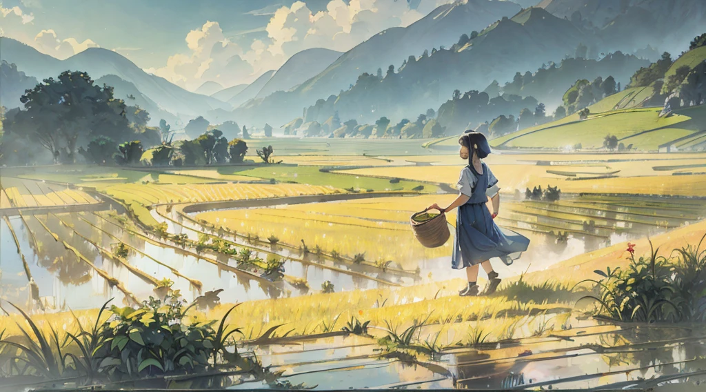 Large area of rice fields，vietnamese girl.
