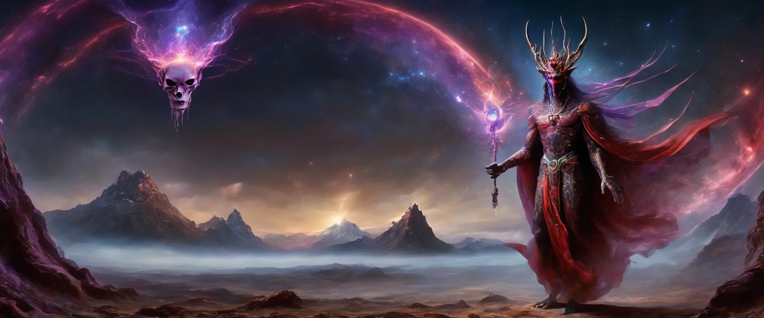 Deity, ancient being, tall, horns forming a crown, extraterrestrial, humanoid body, omnipotent, semi-naked, long violet-black and red cloaks that partially cover the body, unnatural skull for a head, fissures for eyes, bare head, the universe in its hands,very thin,almost in the bones, full body,the cosmos in hand,claws