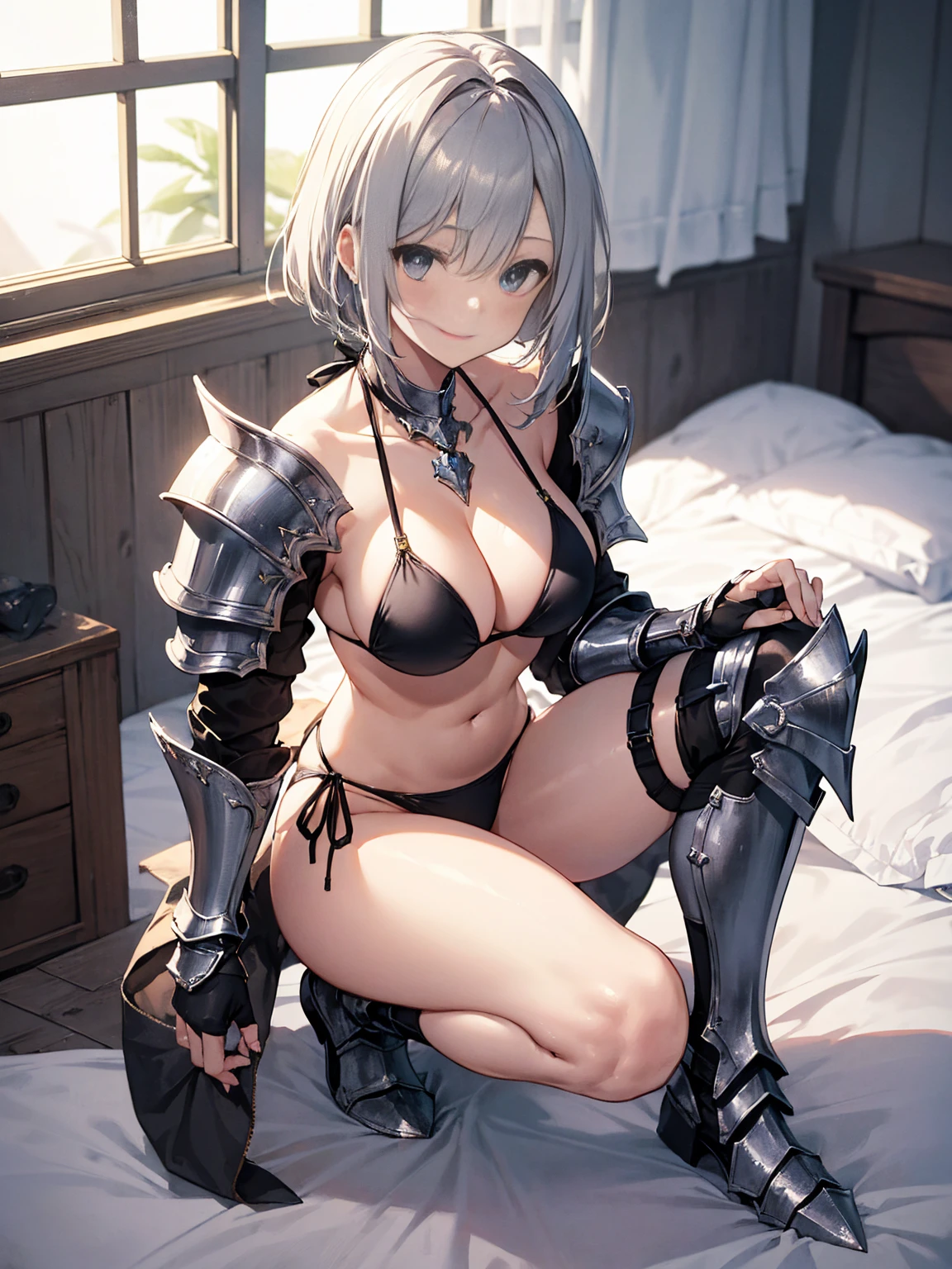 Photo of a woman in armor, Bikini Armor Female Knight,(Black rubber bikini:1.3),On the bed,(hugging own legs:1.3),Sitting with legs crossed,(Eye Highlight:1.2),Bikini Armor, Girl in Armor, Otherworld fantasy game characters,Slender figure,Cleavage,belly button,Gray Hair,Short Bob,Flushed Cheeks,Embarrassing,smile,Bikini Armor, Bikini Armor, glossy White Armor, ornate Bikini Armor, Thick armor, feminine, Female Knight, shiny silver armor, White Armor, Pale black armor, Highly detailed art gems,Beautiful expression right down to your fingertips,