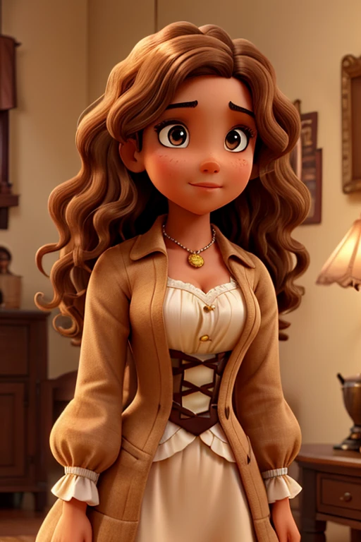 brown and wavy hair, her honey-colored gaze, her thin, rosy lips and light skin tone, victorian era woman, low status