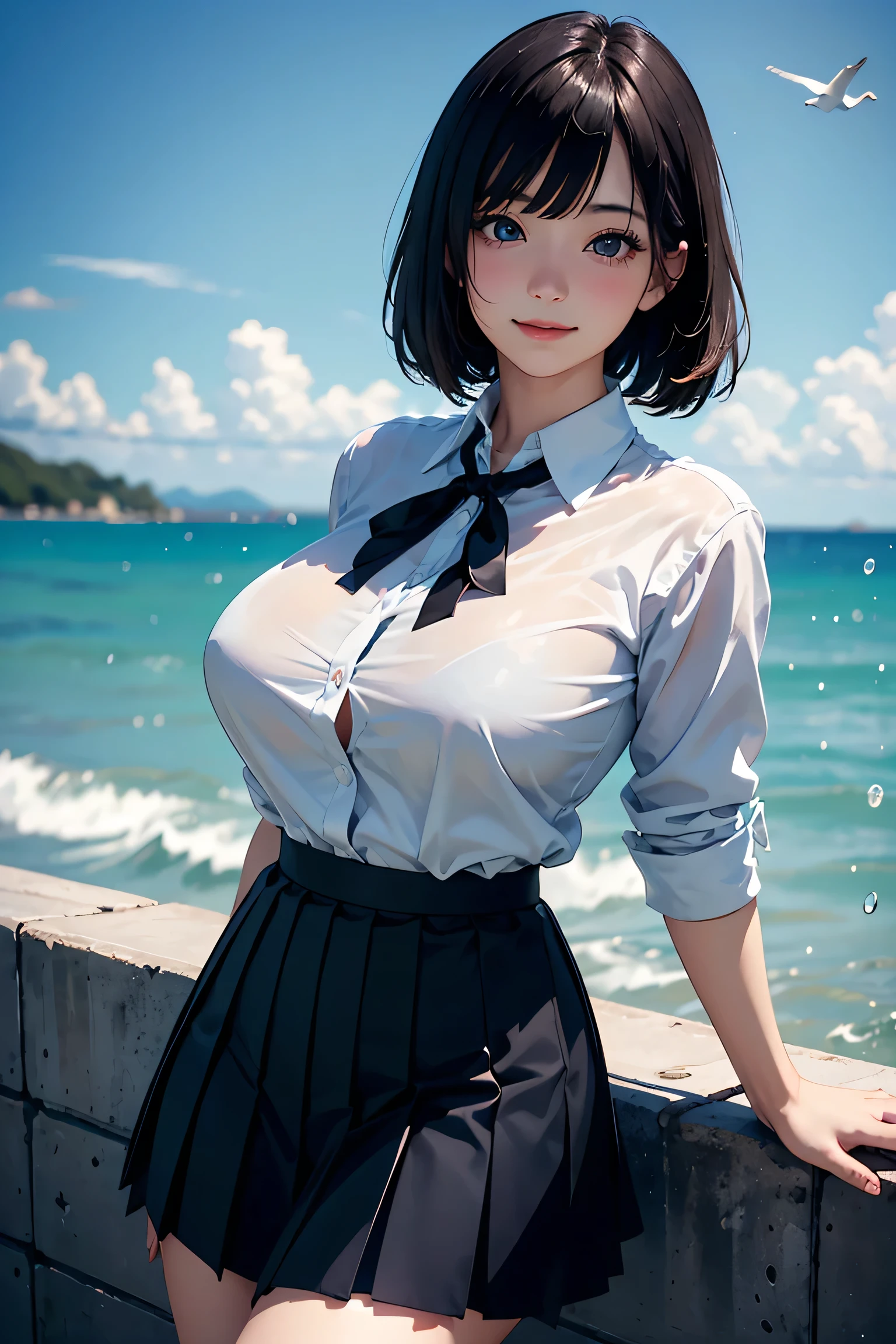 (masterpiece:1.2, Highest quality), (Realistic photos), Beautiful illustrations, (Natural side lighting, Cinema lighting),High detail、1 girl, Japanese、20-year-old female, Perfect Face, Symmetrical cute face, Glowing Skin, (bionde、short hair), Dark blue eyes, (Huge breasts:1.2), Slender build, Flowing bangs、Beautiful Hair, Beautiful Face, Fine and beautiful eyes, Beautiful body, Beautiful breasts, (White collared shirt、Small black ribbon、Navy blue pleated skirt),smile、Blushing、stand、port、Ocean、Breakwater、White Bird、White cloud、whole body、ピースサイン