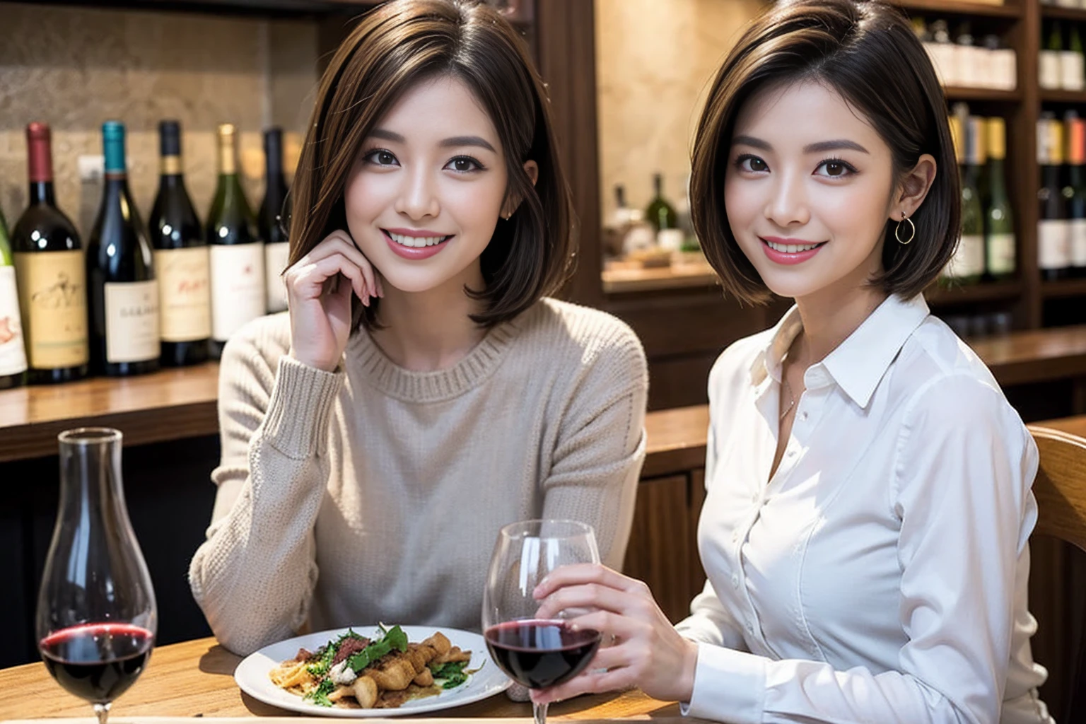 (Realistic:1.1),(masterpiece,Highest quality),8k,(49 years old), 53 years old, ベリーslimボディ、slimカップル、Tight waist,Upper Body,full-course dinner、wine 、Amazing view of the sunset sky and clouds、Perfect Anatomy, Brown Hair, short hair,Random Hairstyles,((Highly detailed face and eyes:1.2)),Perfect golden ratio face,Long sleeve shirt、dress,(smile:1.2)、Shortcuts、cute、(Realistic, Intricate details:1.2), A bright smile、short hair,Bright Face、赤wine 、Appetizers、Italian food、wine bottle、Champagne、スパークリングwine、(slimな顔), (The body is slim), (Brown Hair), (Shortcuts), Upper Body, 白wine, slim, wineグラス,