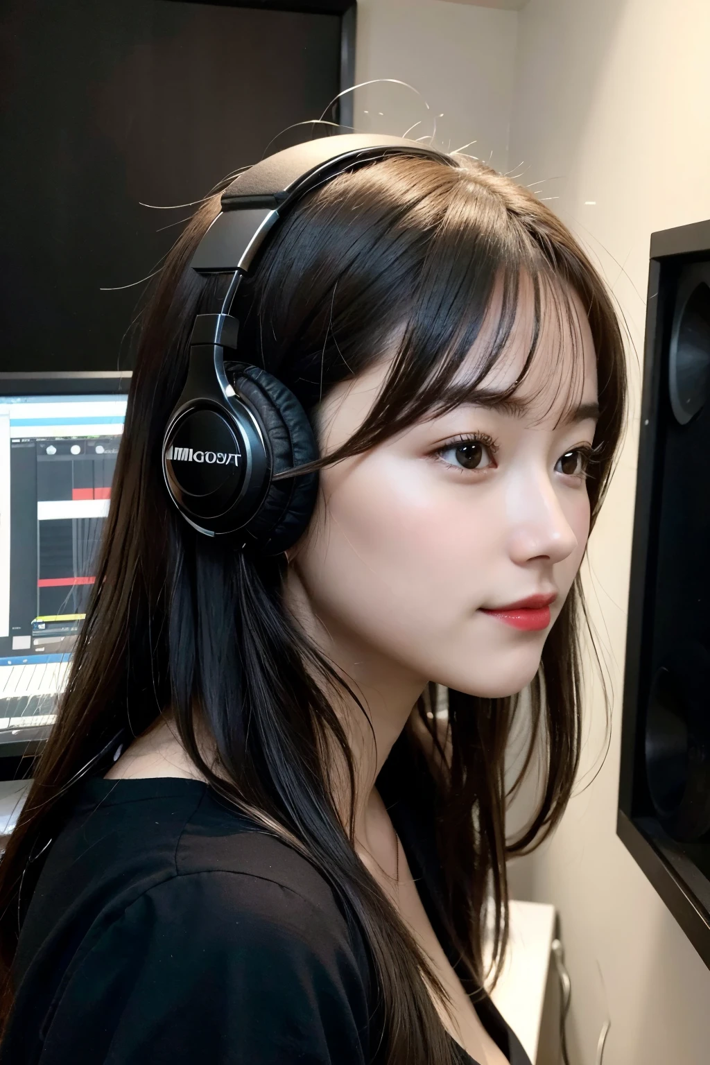 Create front and profile images of a Podcast presenter, In your recording studio, with your professional microphone and headphones. Maintain the same facial appearance in all images. Create the same image looking straight ahead,
