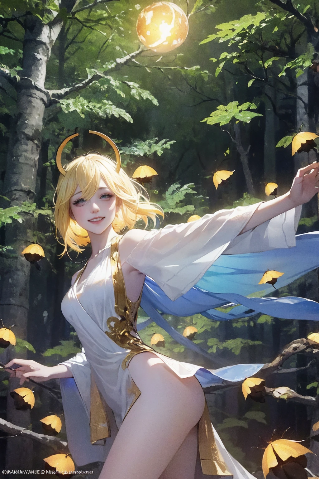 1 girl, ,,Simple smile, High-definition images, A woman, Her hair is decorated with glowing fireflies, There is a charming light in the eyes. Wearing a robe woven from moonlight, She stood in a mysterious forest，The trees come alive. on site, Bathed in the ethereal light of fireflies, Captured in an enchanted forest art style., (masterpiece, best quality, Official Art,Intricate details:1.2)，Bikini，underwear，，Ketone bodies are looming