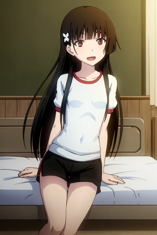 ((Highest quality)), ((masterpiece)), (be familiar with), Perfect Face, indoor, Bedroom, Watching the audience,
One woman, Testarossa,
Open Mouth, Ecstatic expression, blush, smile,
Small breasts, Flat Chest, Young Girl, , , Girl,
Long Hair, Long Hair,
Gym suit, White short sleeves, Black shorts, Leg spread,