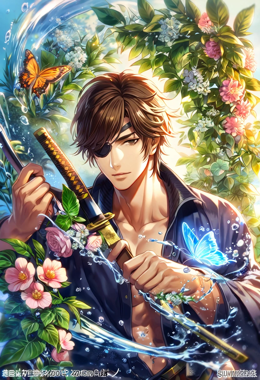absurdres, highres, ultra detailed, HDR, master piece, best quality, extremely detailed face, delicated features, Date Masamune, medium length brown hair, expressive brown eyes, black eye patch, Sengoku Basara, solo, sexy man, handsome, dark blue clothes, fantasy, magical, butterflies, summer, green leaves, flowers, water