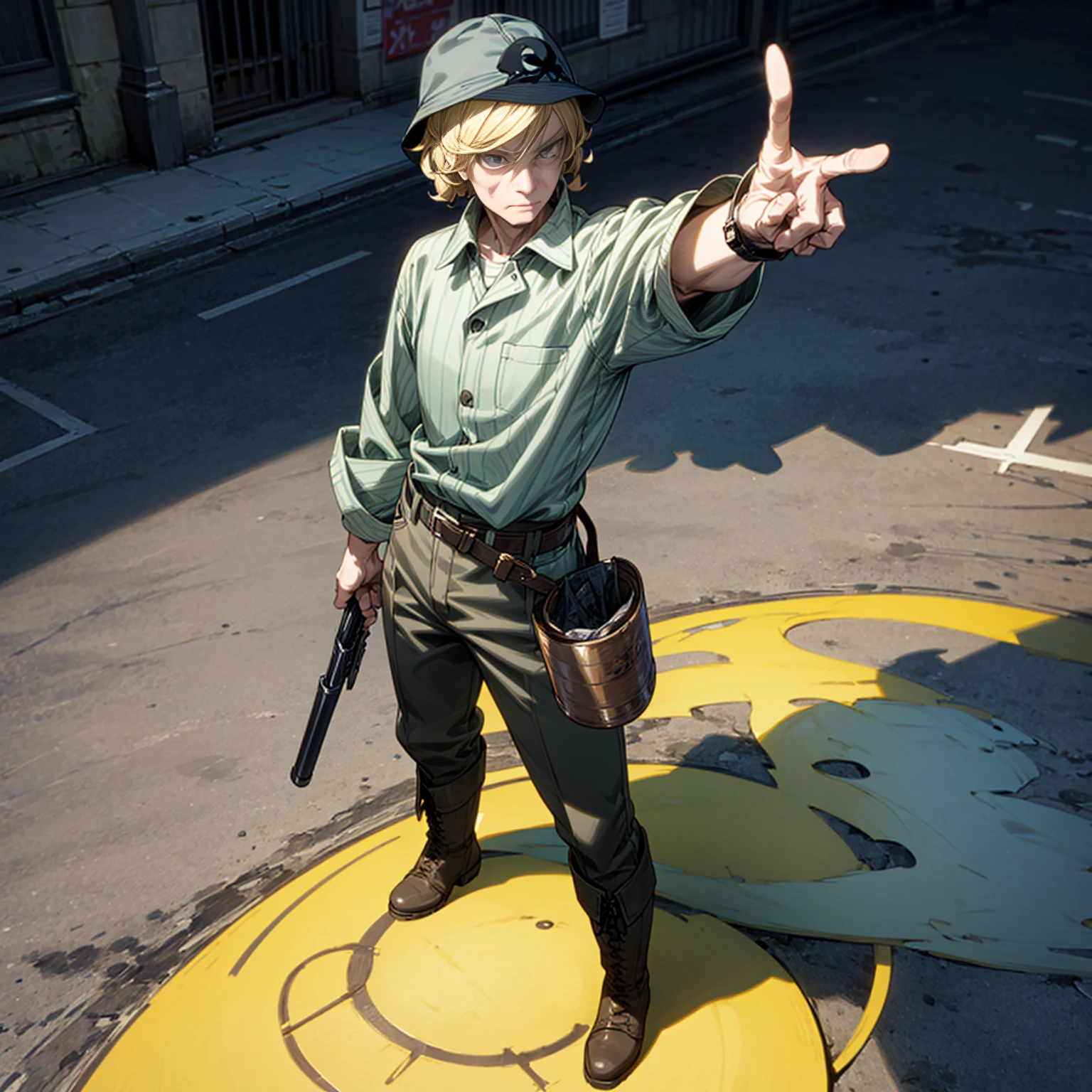Solo character, full body version, aged man, blonde hair, short Curly hairstyle, casual clothing, boots, detailed shadow, shotgun in hand, standing gesture, bucket hat, belt, Watches, street city, house, people, sky blue, (dead note style art)